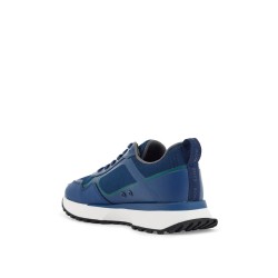 breathable blue sneakers with green details and white sole