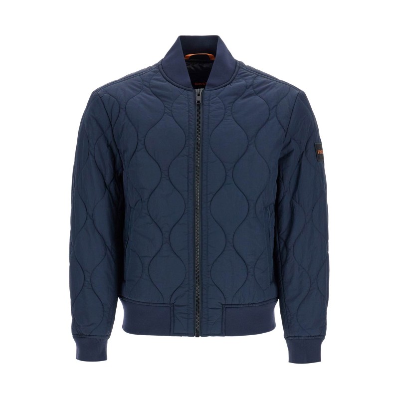 dark blue slim fit quilted down jacket with wavy pattern