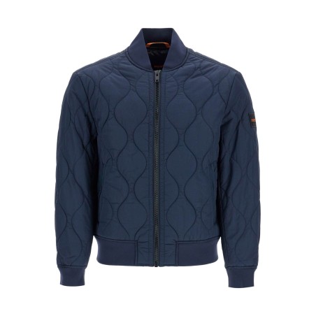 dark blue slim fit quilted down jacket with wavy pattern