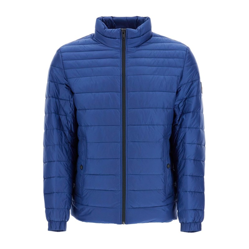 lightweight jacket with horizontal blue stripes and high collar zip