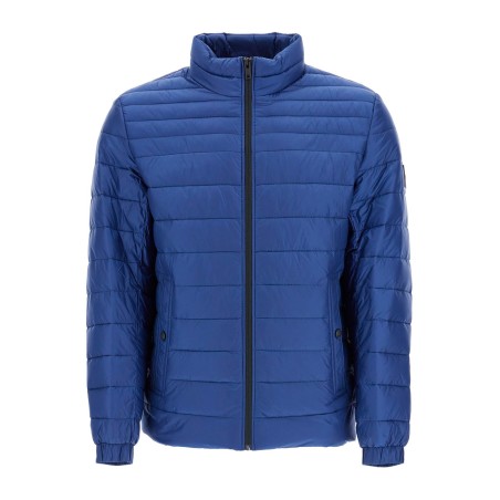 lightweight jacket with horizontal blue stripes and high collar zip