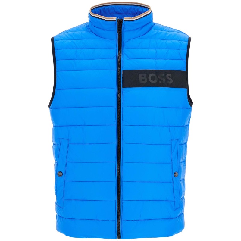 bright blue quilted gilet with high collar and zip