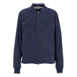 dark blue suede bomber with mandarin collar