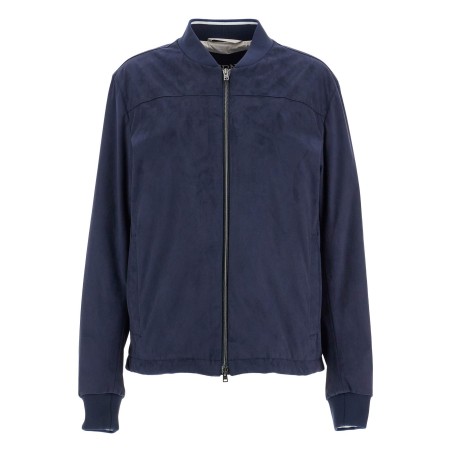 dark blue suede bomber with mandarin collar