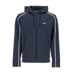 dark blue hooded zip sweatshirt with long sleeves