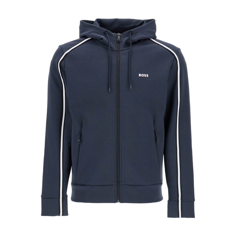 dark blue hooded zip sweatshirt with long sleeves