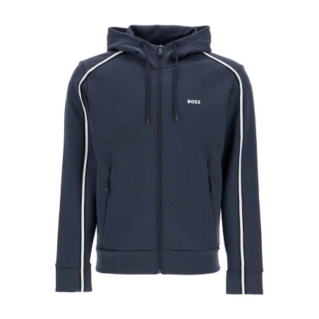 dark blue hooded zip sweatshirt with long sleeves