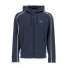 dark blue hooded zip sweatshirt with long sleeves