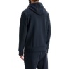 dark blue hooded zip sweatshirt with long sleeves