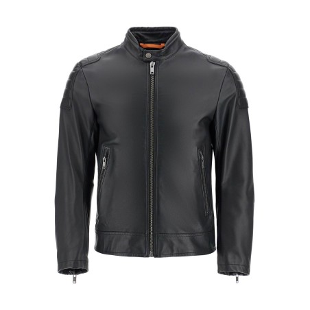 black leather jacket with high collar and quilted details