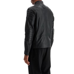 black leather jacket with high collar and quilted details