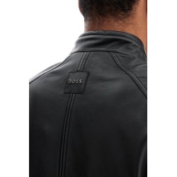 black leather jacket with high collar and quilted details