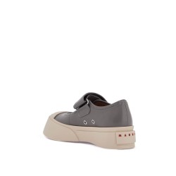 gray calfskin low-top sneakers with hook-and-loop closure