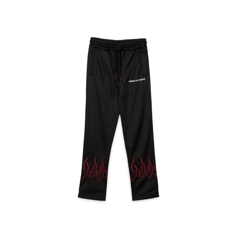 BLACK PANTS WITH RED EMBROIDERED FLAMES