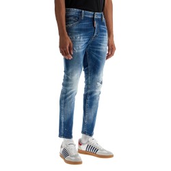 slim fit navy blue used effect jeans