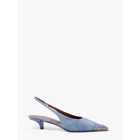Denim slingback with metal toe