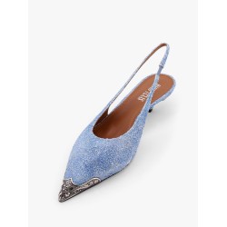 Denim slingback with metal toe