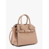 Leather handbag with frontal walker and strap