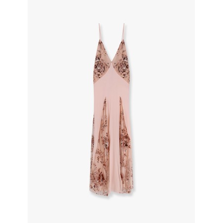 Red carpet dress in silk georgette fabric and embroidered lace