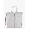 Leather handbag with frontal logo patch