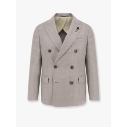 Double-breasted wool blend blazer with iconic brooch
