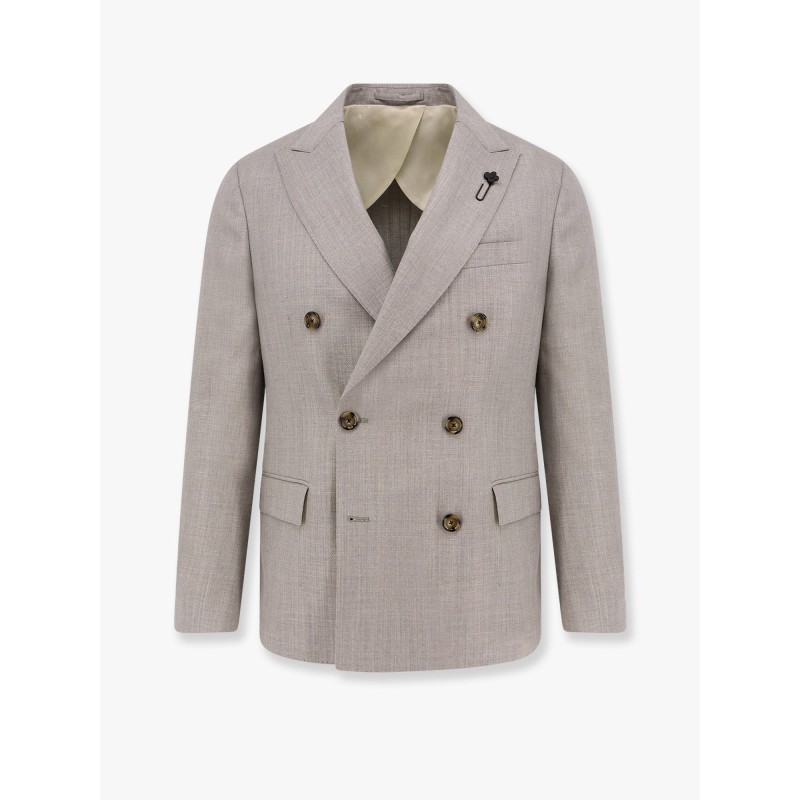 Double-breasted wool blend blazer with iconic brooch