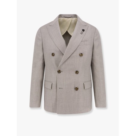 Double-breasted wool blend blazer with iconic brooch