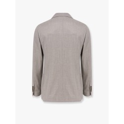 Double-breasted wool blend blazer with iconic brooch
