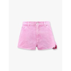 Pink denim shorts with leather logo patch