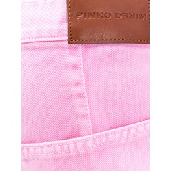 Pink denim shorts with leather logo patch