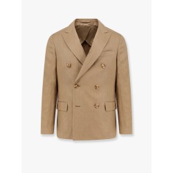 Double-breasted linen blend blazer with iconic brooch