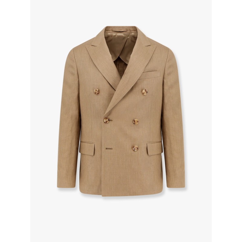 Double-breasted linen blend blazer with iconic brooch