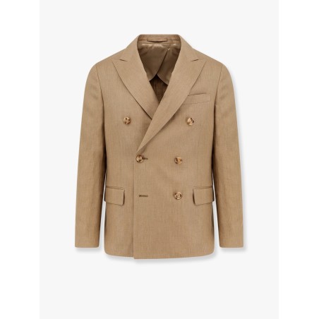 Double-breasted linen blend blazer with iconic brooch