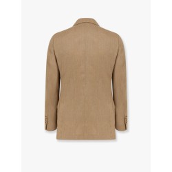 Double-breasted linen blend blazer with iconic brooch
