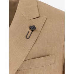 Double-breasted linen blend blazer with iconic brooch