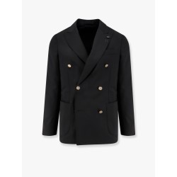 Double-breasted wool blazer with iconic brooch