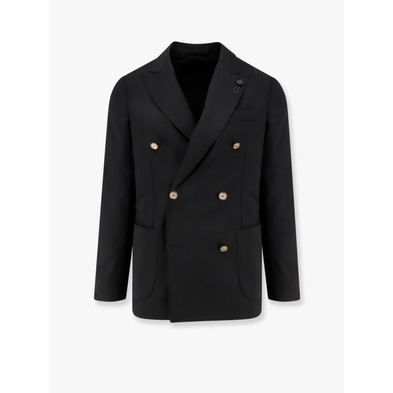 Double-breasted wool blazer with iconic brooch