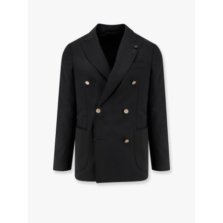 Double-breasted wool blazer with iconic brooch