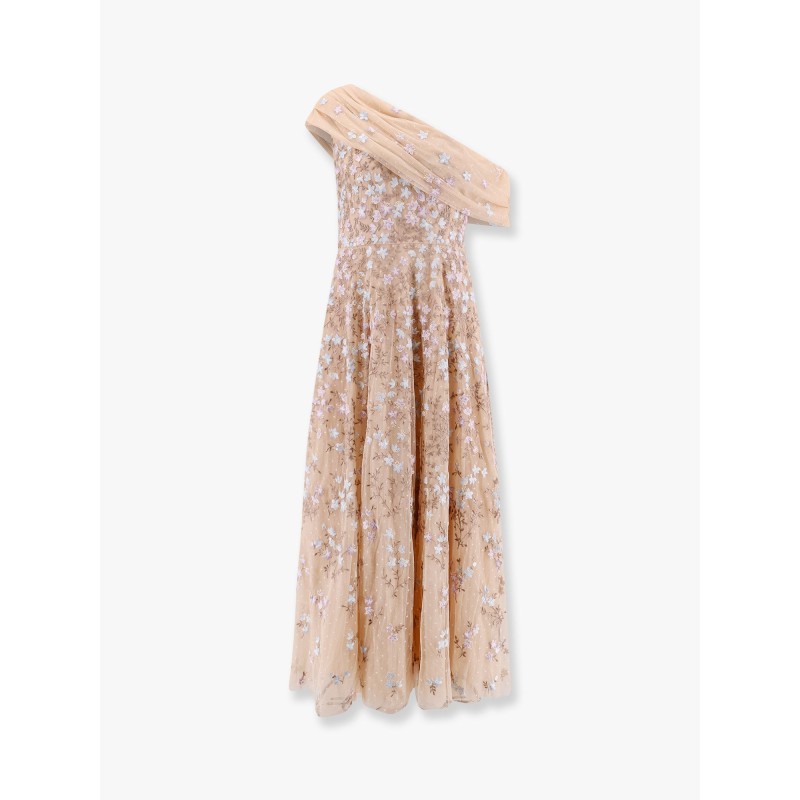 One-shoulder long dress with multicolor embroidery