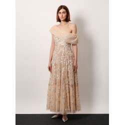 One-shoulder long dress with multicolor embroidery