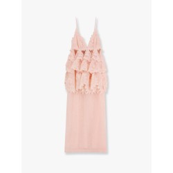 Linen and silk long dress with embroidered flounces
