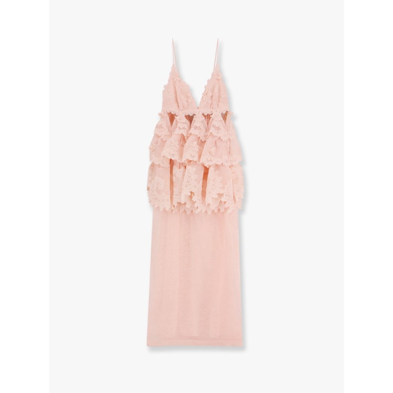 Linen and silk long dress with embroidered flounces