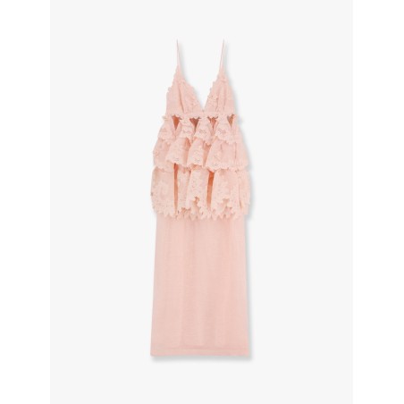 Linen and silk long dress with embroidered flounces