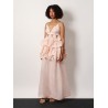 Linen and silk long dress with embroidered flounces