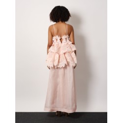 Linen and silk long dress with embroidered flounces