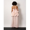 Linen and silk long dress with embroidered flounces