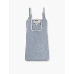 Denim mini dress with bow, pearls and jewel details