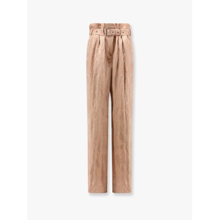 Damasked linen and viscose trouser with belt