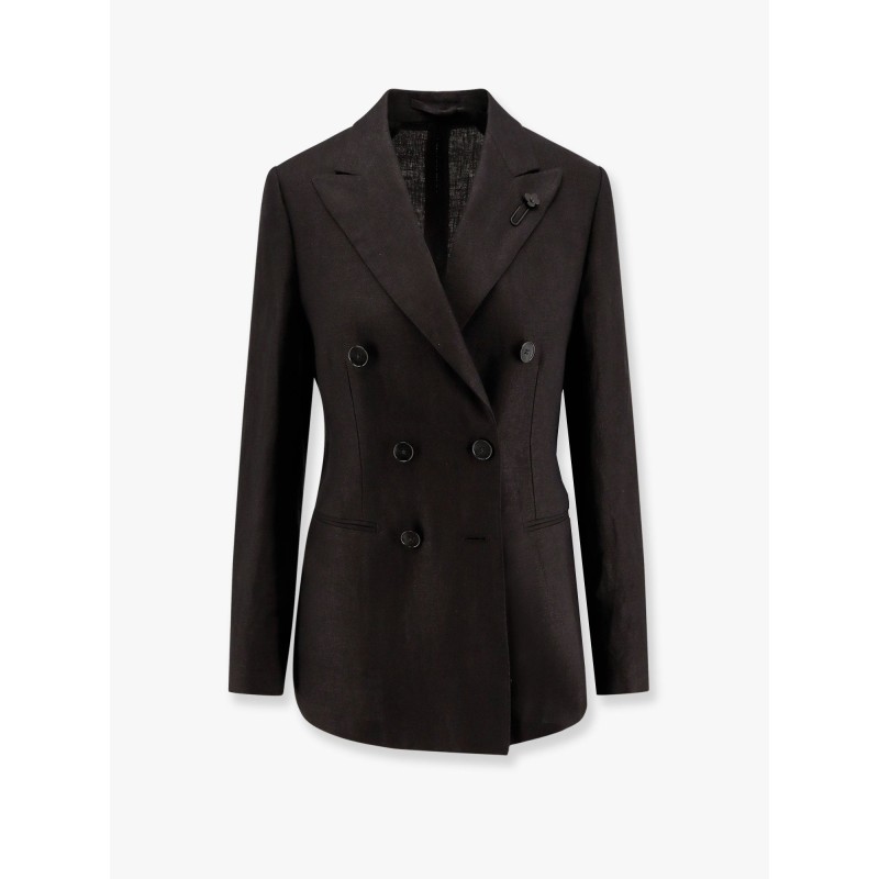 Adamsf linen blazer with iconic brooch
