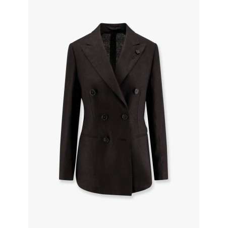 Adamsf linen blazer with iconic brooch